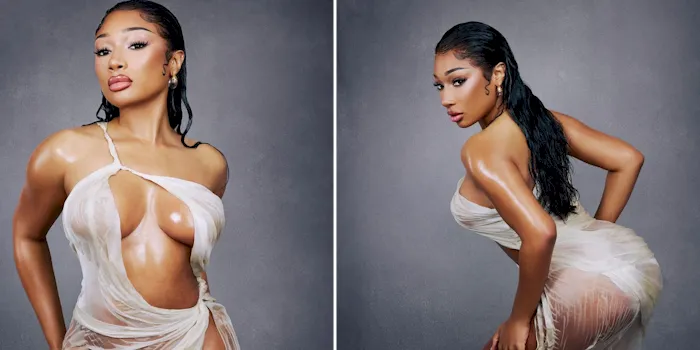 Megan Thee Stallion posing from the front and to the side in a wet clingy dress