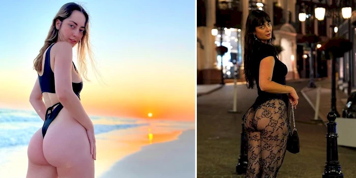 Girl showcasing her butt in a bikini and in sheer pantyhose