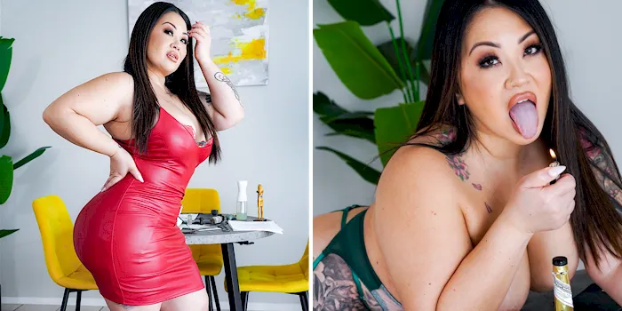 Left panel is curvy Asian woman in a tight dress and right panel is same woman topless and sticking her tongue out