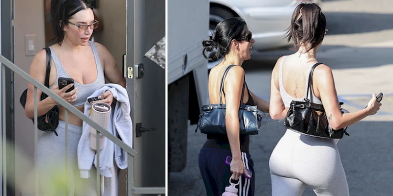 Spy view of a woman leaving a building in workout clothes