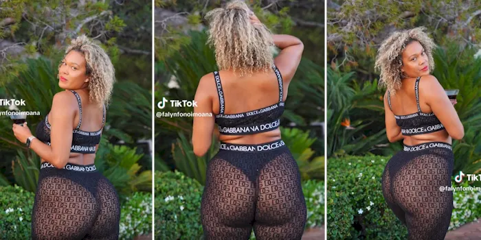 Three panels of a thick woman showing off her backside in see through leggings