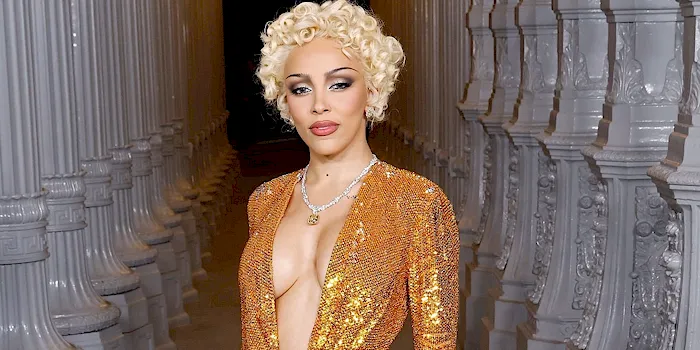 Cropped close up of Doja Cat showing cleavage in a nice dress