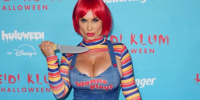 Cropped close up of a woman in a Chucky costume