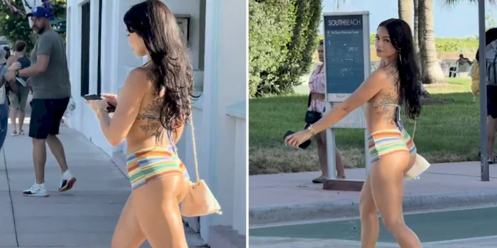 Two panels of a fit woman crossing a street in tiny shorts