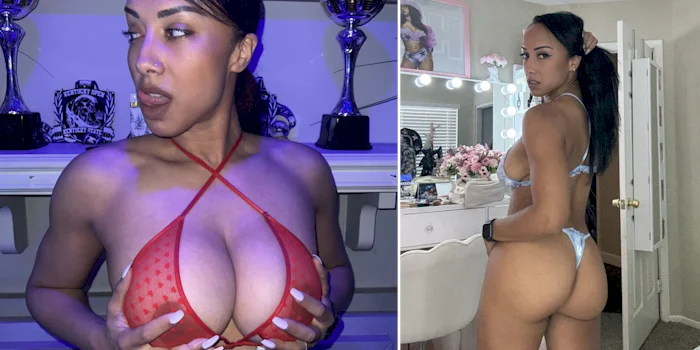 Two panels. In the left a woman cups her breasts and in the right she is posing with her butt turned to the camera