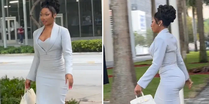 Two panels of Megan Thee Stallion walking by in a tight dress