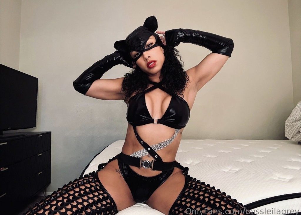 Horizontal view of Leila Grey wearing cat woman lingerie while sitting with legs spread on a bed