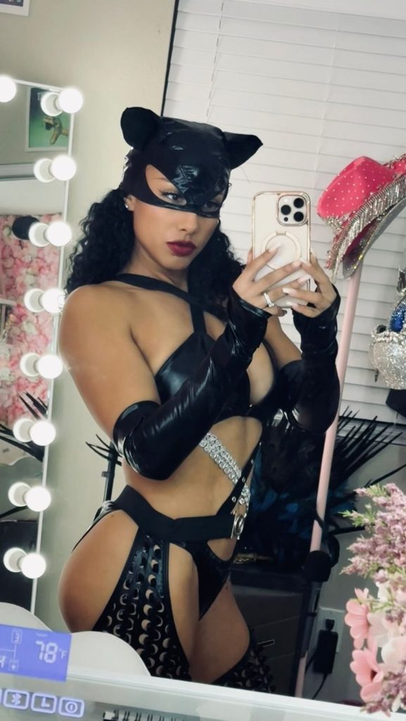 Leila Grey snaps a frontal selfie wearing cat woman lingerie