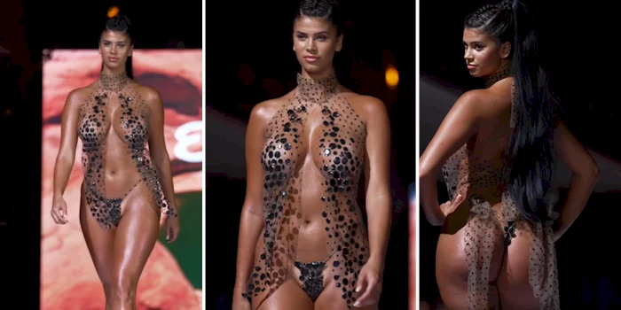 Three panels of a curvy fashion model walking the runway in lingerie