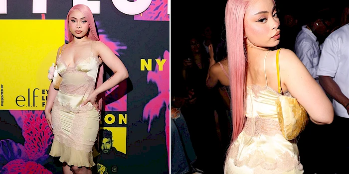 Two panels of Ice Spice posing on the red carpet. In panel one we see her from the front and in the second she is showing her backside.