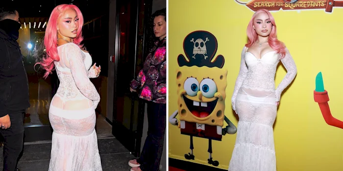 Two panels with a front and back view of Ice Spice wearing a semi-sheer dress