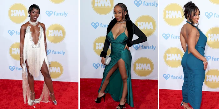 Three panels of black women posing on a red carpet