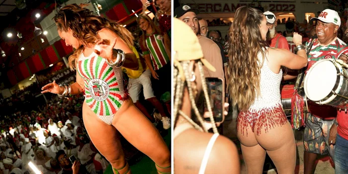 Two panels of a Brazilian woman attending carnival in a bodysuit