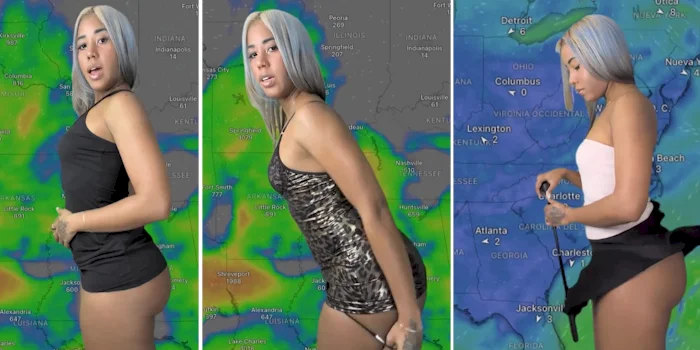 A woman with silver hair poses in front of a weather map in three different outfits: a black tank top and shorts, a patterned dress, and a black-and-white outfit, adjusting her clothing in each frame.
