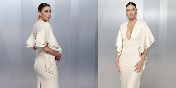 Two panels of Maria Sharapova in white dress