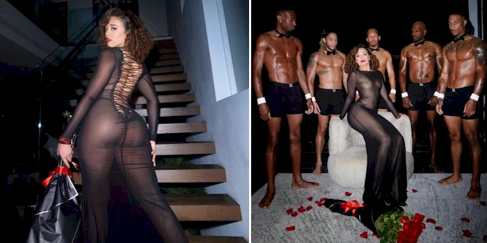 Two panels. In the first a woman in a sheer dress showing off her buttocks. In the second the same woman is sitting down and surrounded by half-naked men.