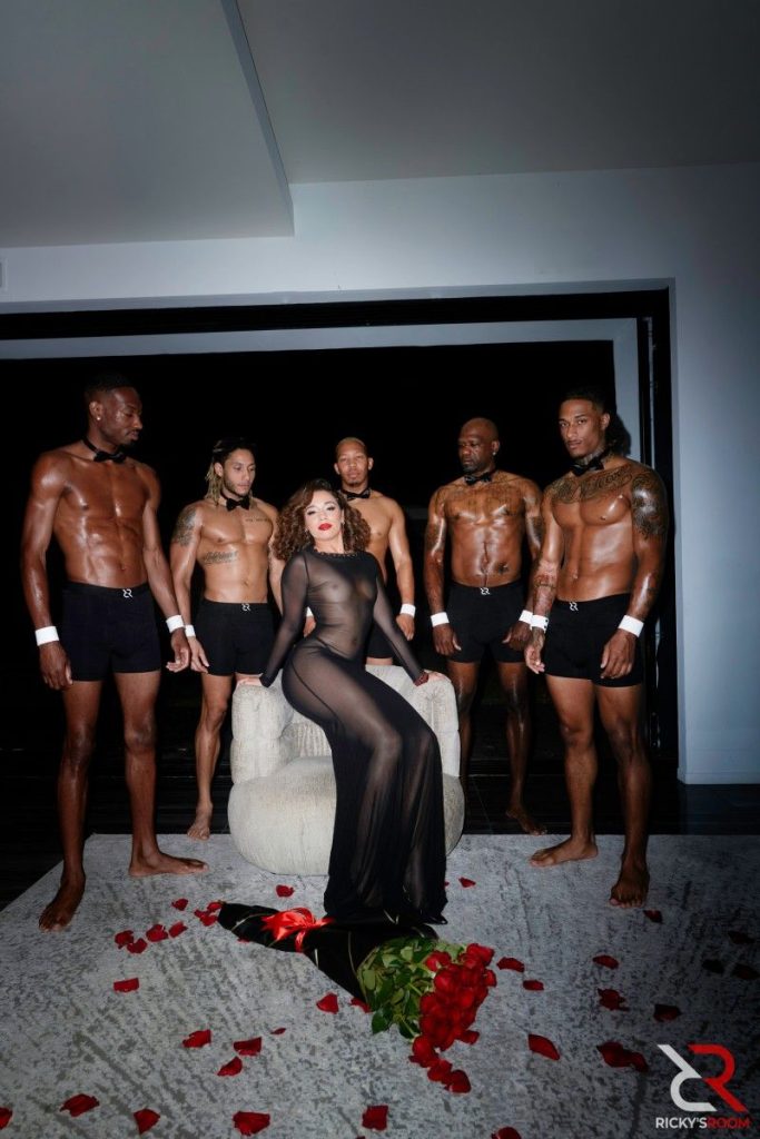 Ebony woman in sheer black dress sitting down with six black men wearing boxers standing behind her