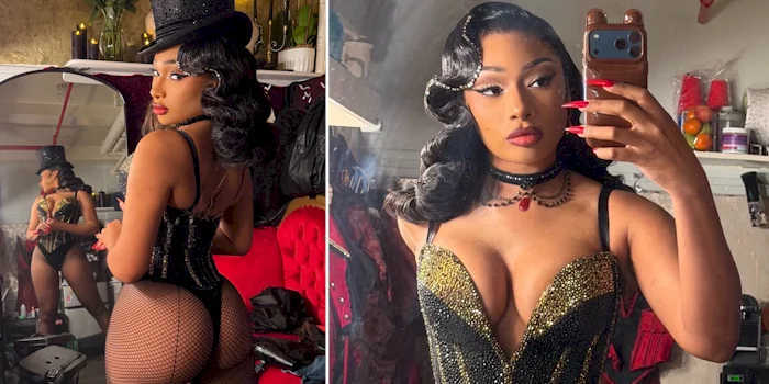 Two panels of Megan Thee Stallion taking selfies in her Moulin Rogue costume