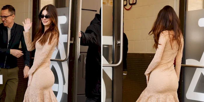 Two panels of a brunette woman wearing a beige dress entering a building.