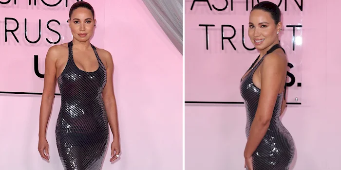 Two panels of Jurnee Smollett in a right and glittery dress in front of a pink wall.