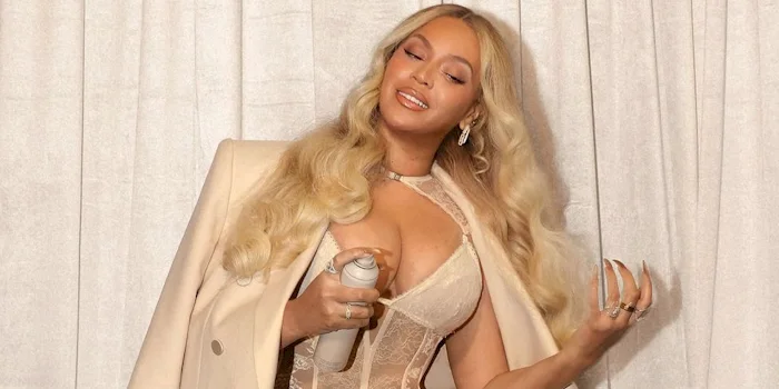 Close up of Beyonce showing cleavage in a lingerie top