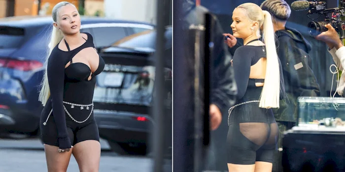 Two panels of a thick blonde girl wearing tight and semi-sheer shorts in public.