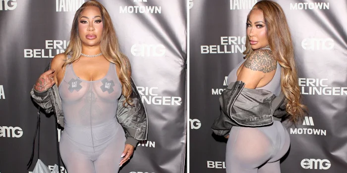 Two panels of a thick woman wearing a sheer bodysuit on the red carpet.