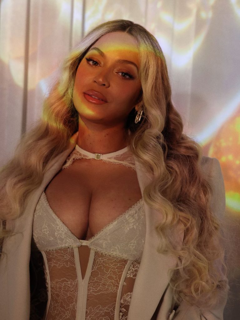 Close up of Beyonce wearing a corset. A shadow is across her face.