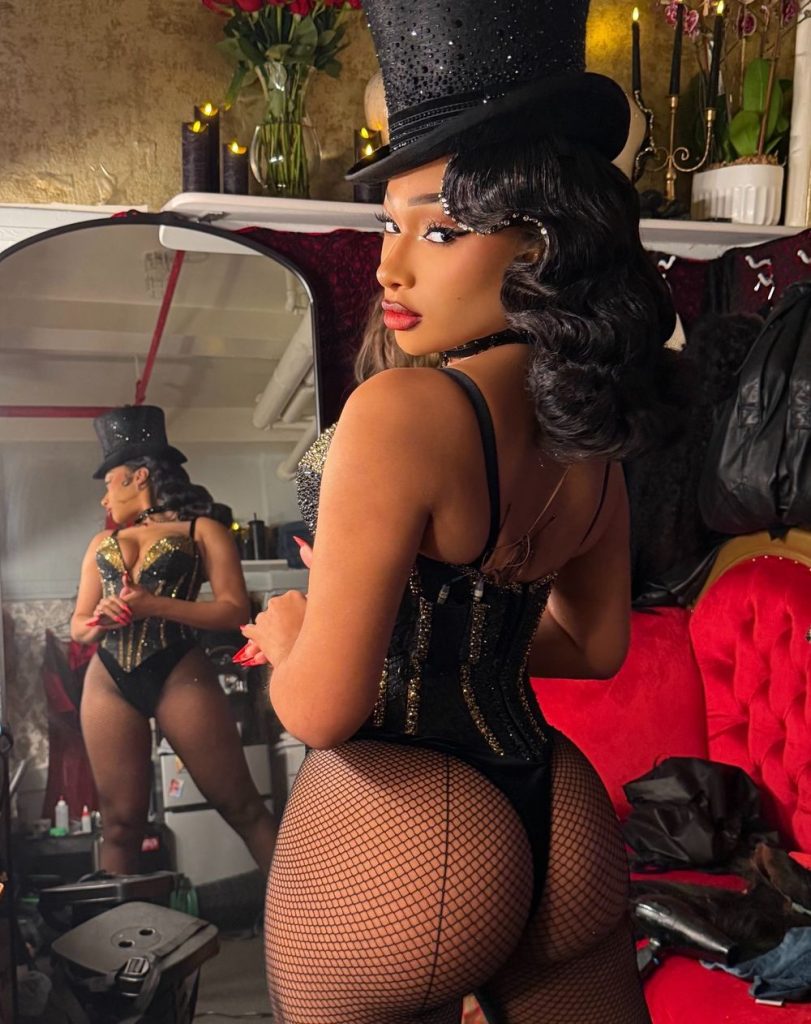 Megan Thee Stallion showing her backside in fishnet stockings and a corset. She is wearing a top hat and we see her reflection in a mirror in the background.
