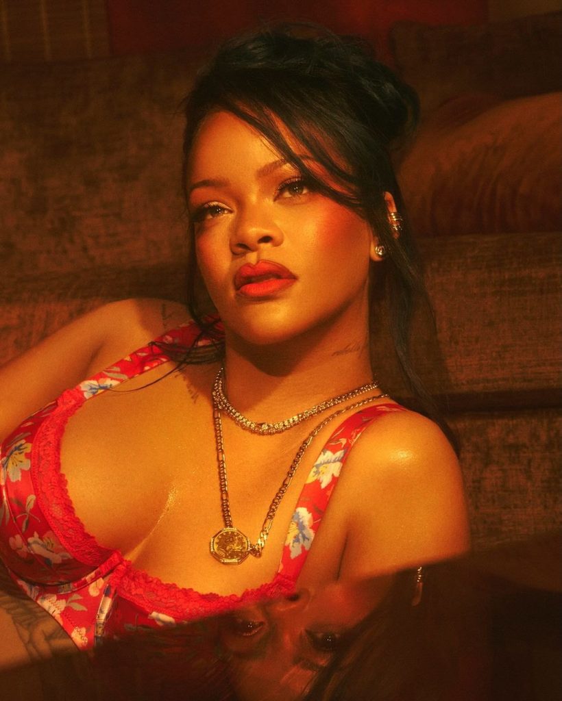 Rihanna with glowing skin and red lipstick lounges on a brown couch, wearing a red floral bralette, gold pendant necklace, and earrings, with her dark hair styled up and a calm, confident expression on her face.