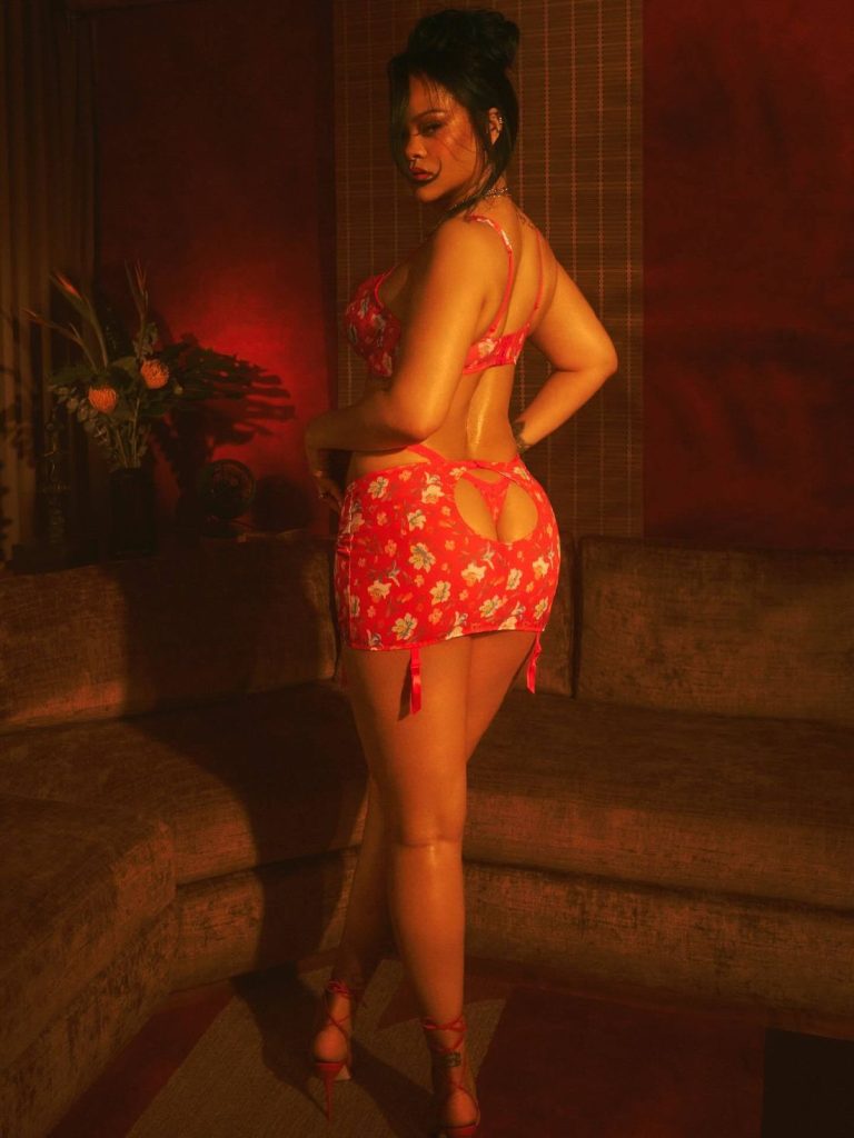 Rihanna poses indoors wearing a red floral lingerie set and high heels. She stands sideways on a brown couch in a dimly lit room with warm tones and a vase of flowers in the background.