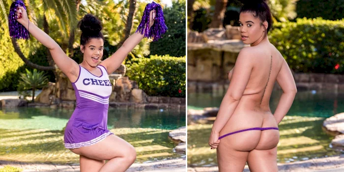 Two panels of a thick cheerleader. In the first she is cheering and in the second she strips naked.
