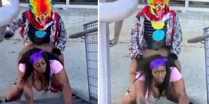 Two panels of a clown having doggy-style sex with a thick black woman.