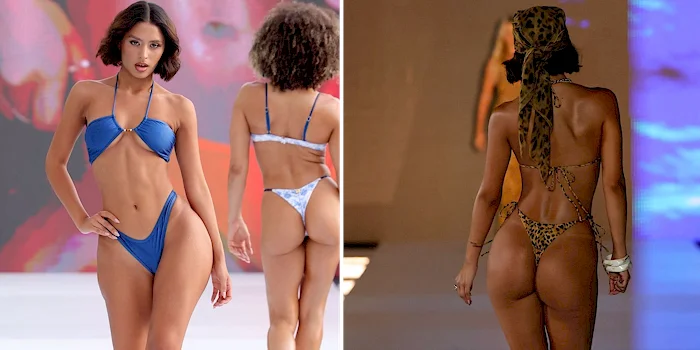 Two women modeling bikinis on a runway; one in a blue bikini facing forward, another in a printed bikini facing away, both walking confidently in a fashion show setting.