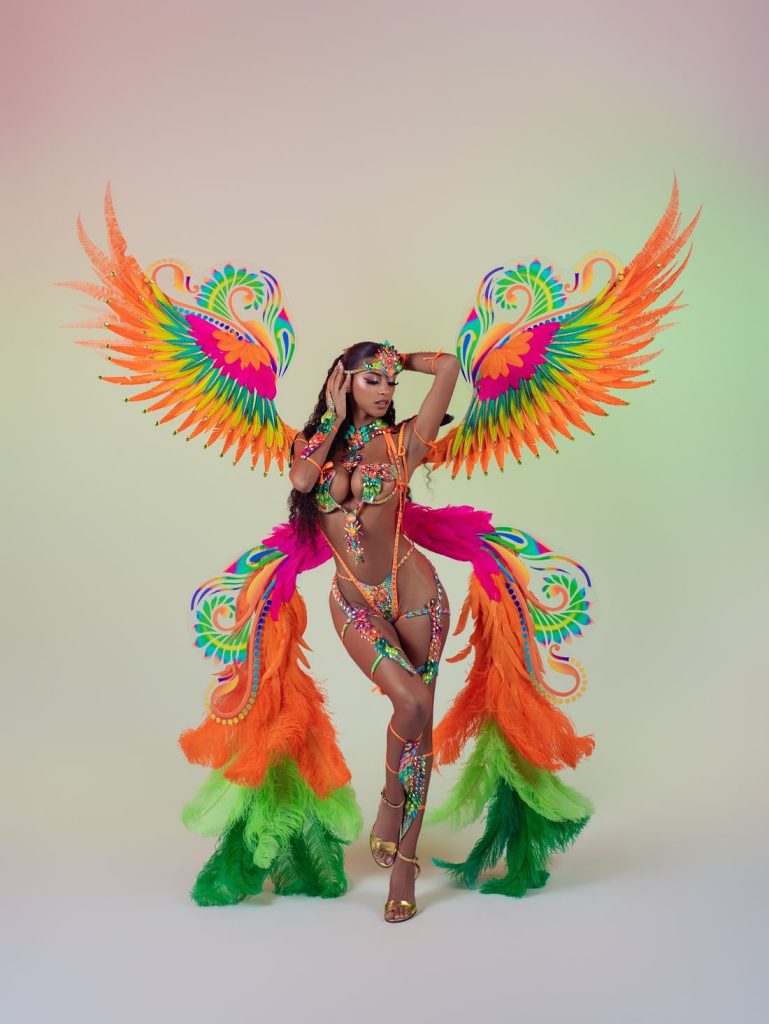 Woman wearing a colorful carnival costume with large, vibrant feathered wings, headpiece, and gem decorations, standing against a light, rainbow gradient background.