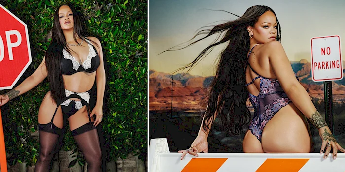 A woman poses outdoors in lingerie next to street signs: one photo with a stop sign, another with a No Parking sign and an orange barricade, set against greenery and a desert backdrop.