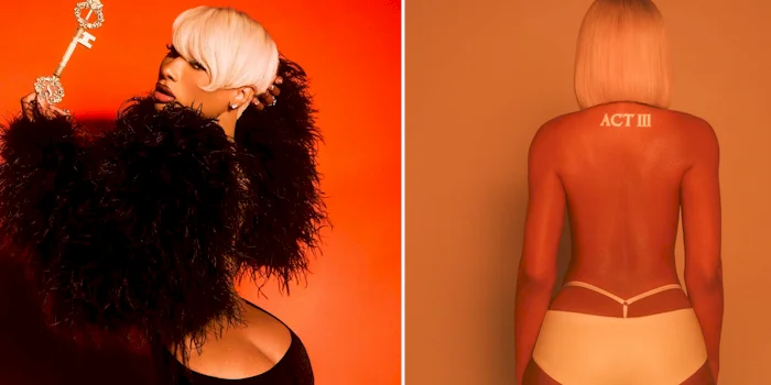 Left: Woman with short blonde hair in a black feathered outfit holding a key. Right: Same woman with blonde bob hairstyle, back turned, wearing white underwear, ACT III written on upper back, against an orange background.