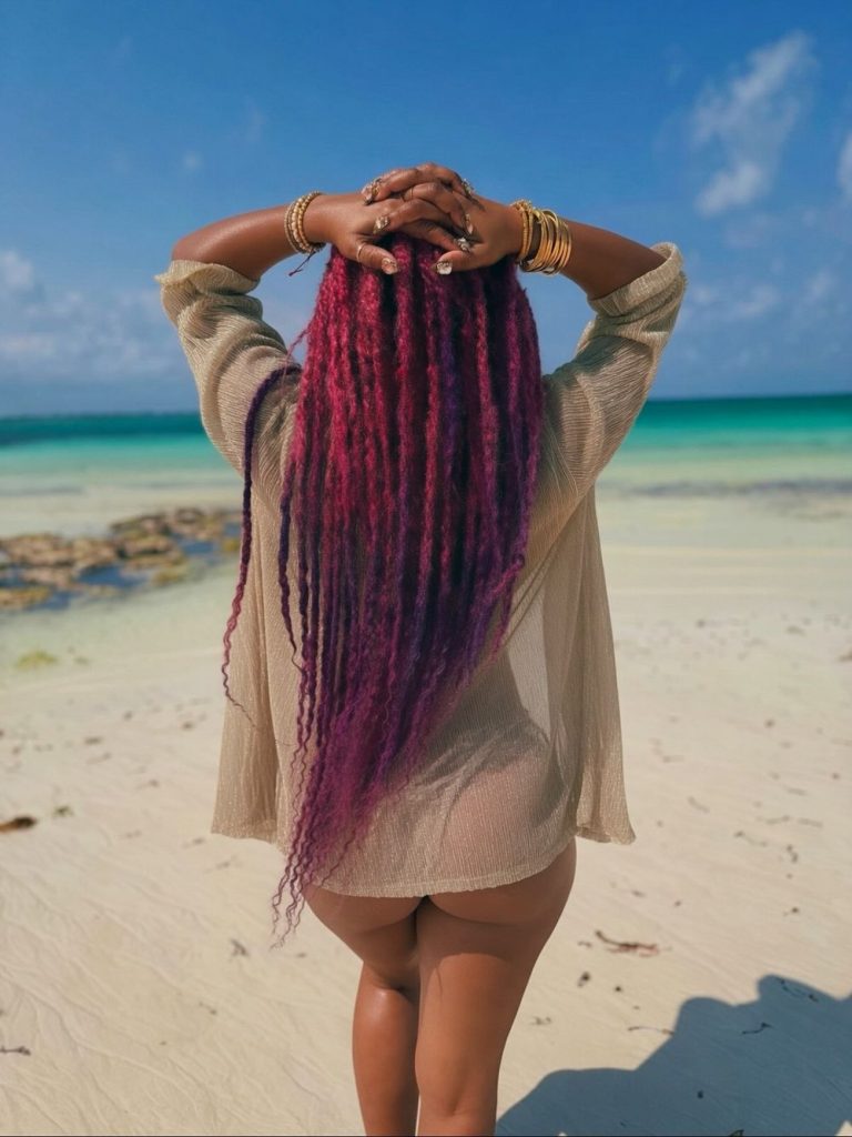Person with long magenta braids stands on a sandy beach facing the sea, hands on head, wearing gold bangles and a sheer beige cover-up. Clear blue water and sky are in the background.
