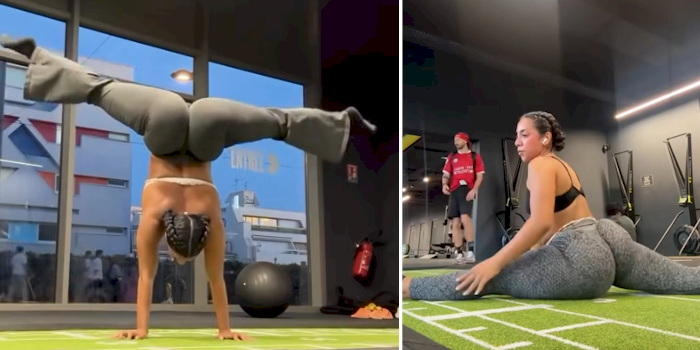 Two panels of the same woman indoors; she does a handstand split, while in the other she performs a side split on the floor. Gym equipment and people are visible in the background.