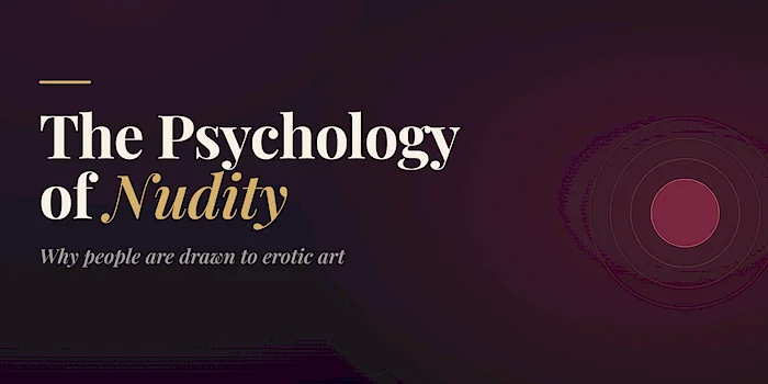 Title card reading The Psychology of Nudity: Why people are drawn to erotic art, with a small horizontal line above the text and a red concentric circle design on the right.