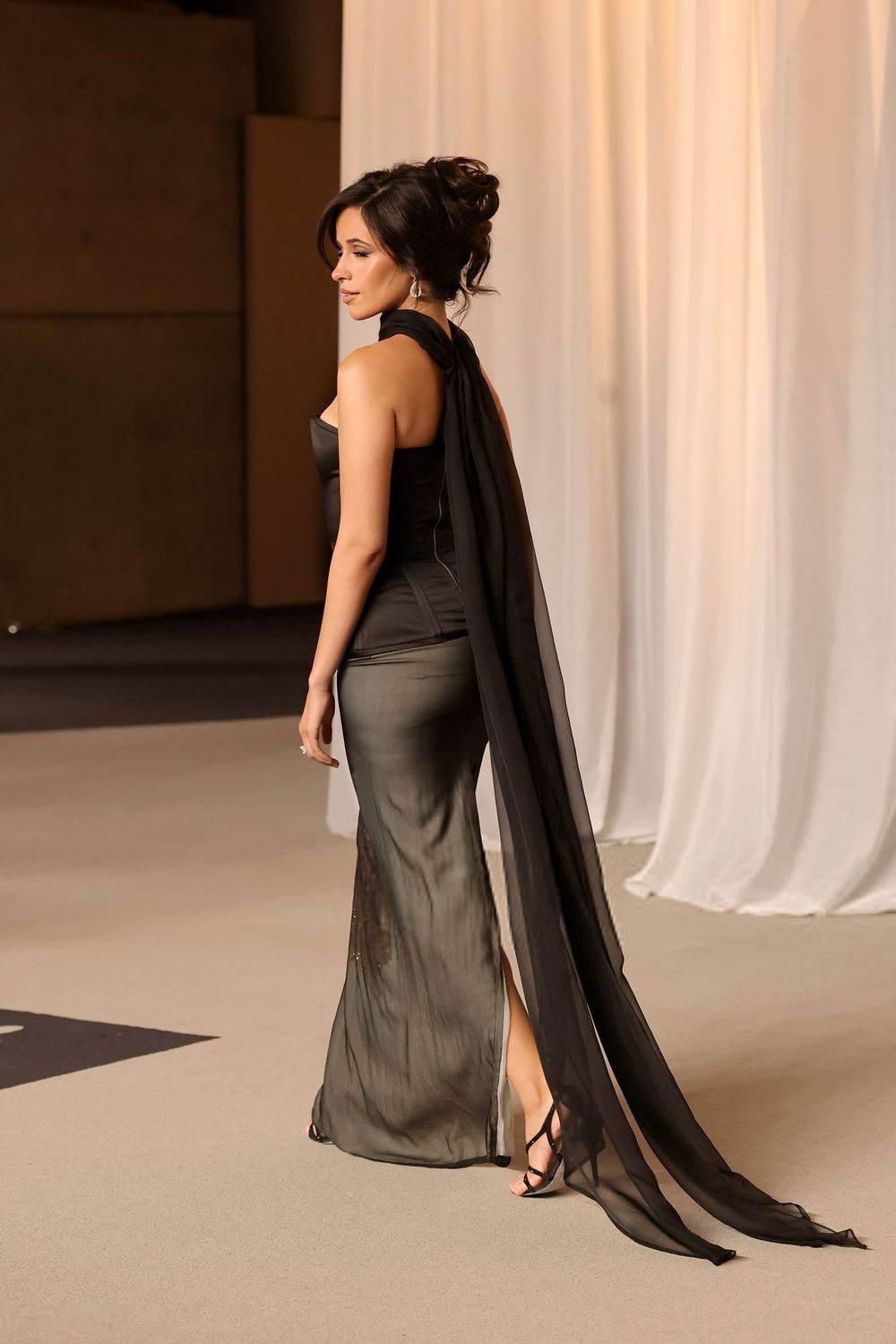 Woman with dark hair styled in an updo, wearing a black strapless corset top, sheer dark skirt, black choker, and long sheer black fabric trailing behind, standing with her back partially turned while looking to the side.