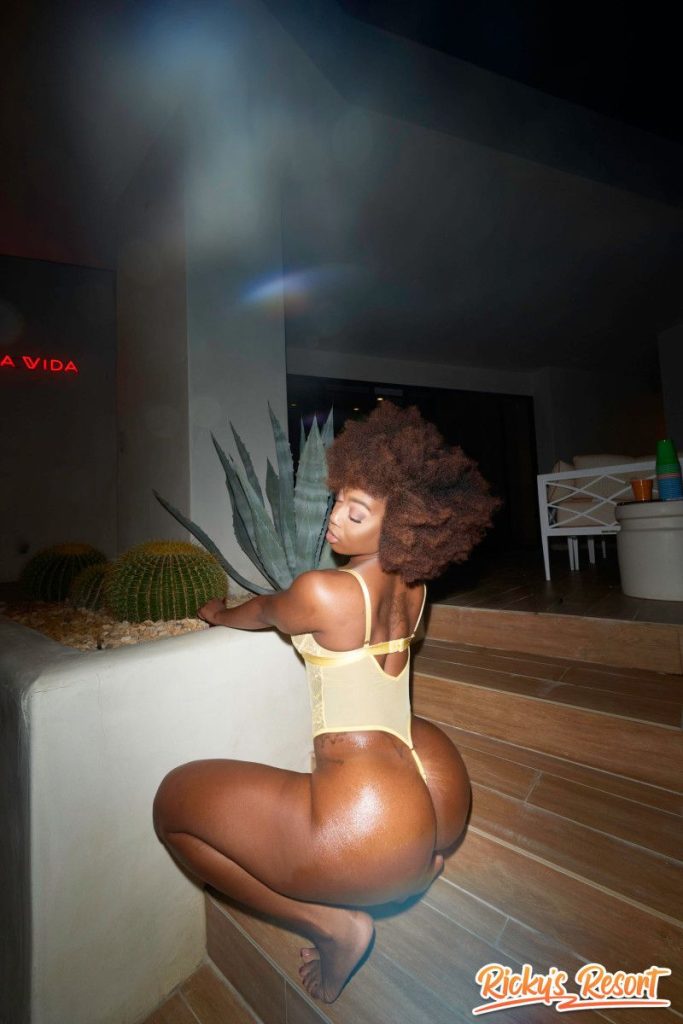 Woman with curly brown hair in a yellow lace bodysuit, squatting on outdoor steps with one hand on a planter, looking back at the camera at night.