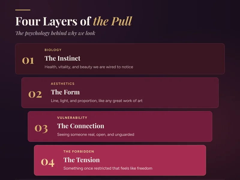 Infographic titled Four Layers of the Pull, listing four psychological stages: The Instinct, The Form, The Connection, and The Tension, each with a brief description.
