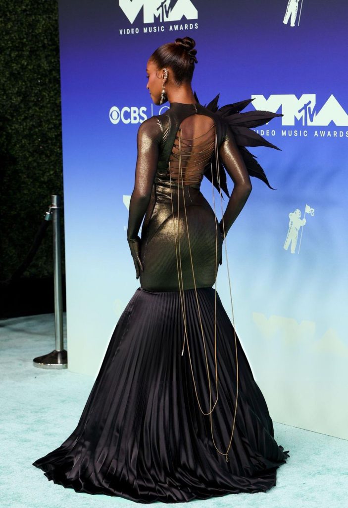 A person in a metallic gold and black floor-length gown with a pleated skirt and a lace-up back stands on a blue carpet at the MTV Video Music Awards.