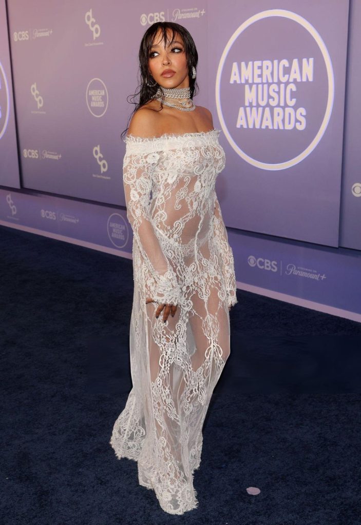 Tinashe poses on a blue carpet in front of an American Music Awards backdrop wearing an off-the-shoulder white lace gown and a multi-strand crystal choker.