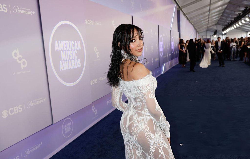 Tinashe posing on the red carpet at the American Music Awards wearing a white lace off-the-shoulder gown.
