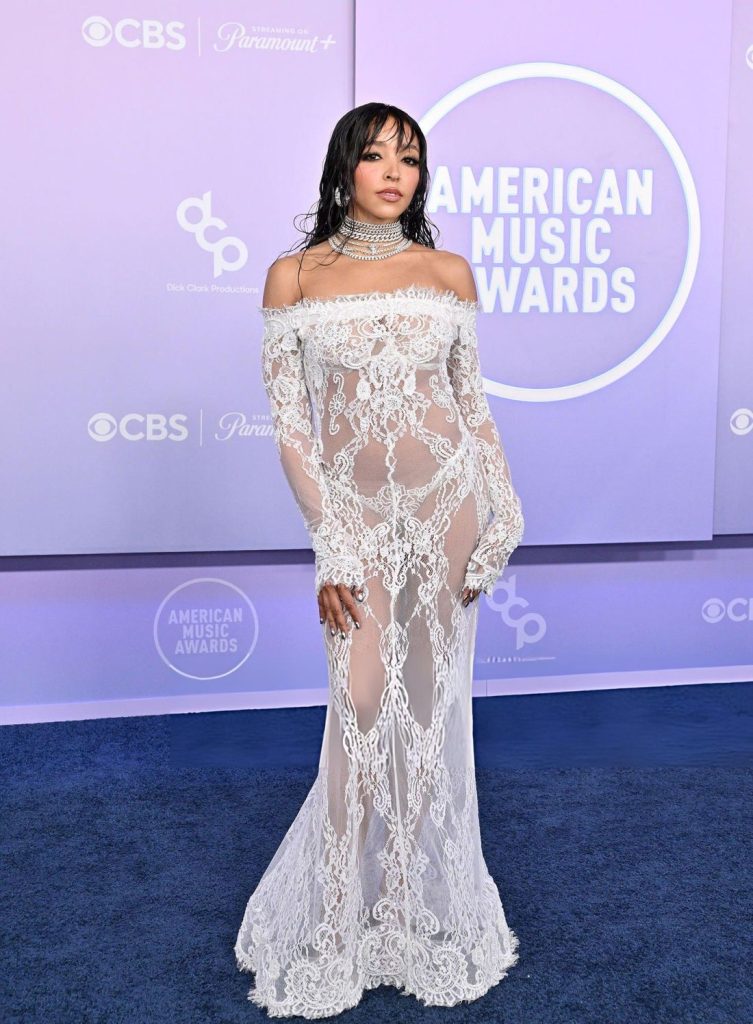 Tinashe poses on a blue carpet in front of an American Music Awards backdrop wearing a white off-the-shoulder lace gown and a multi-strand choker necklace.