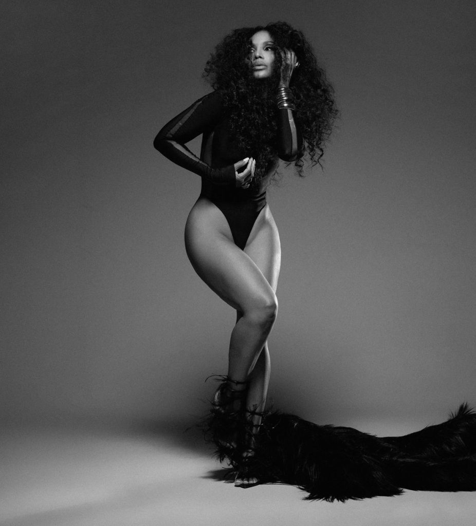Toni Braxton posing in a black bodysuit and feathered heels.